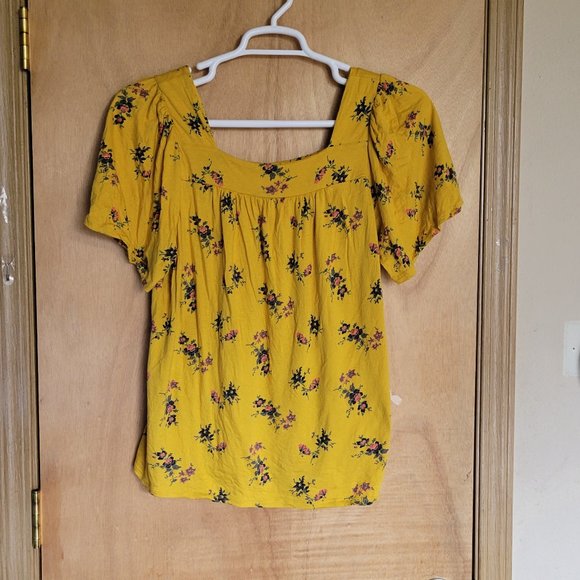 Lucky Brand L Blouse Short Sleeve Yellow Floral - Picture 2 of 5